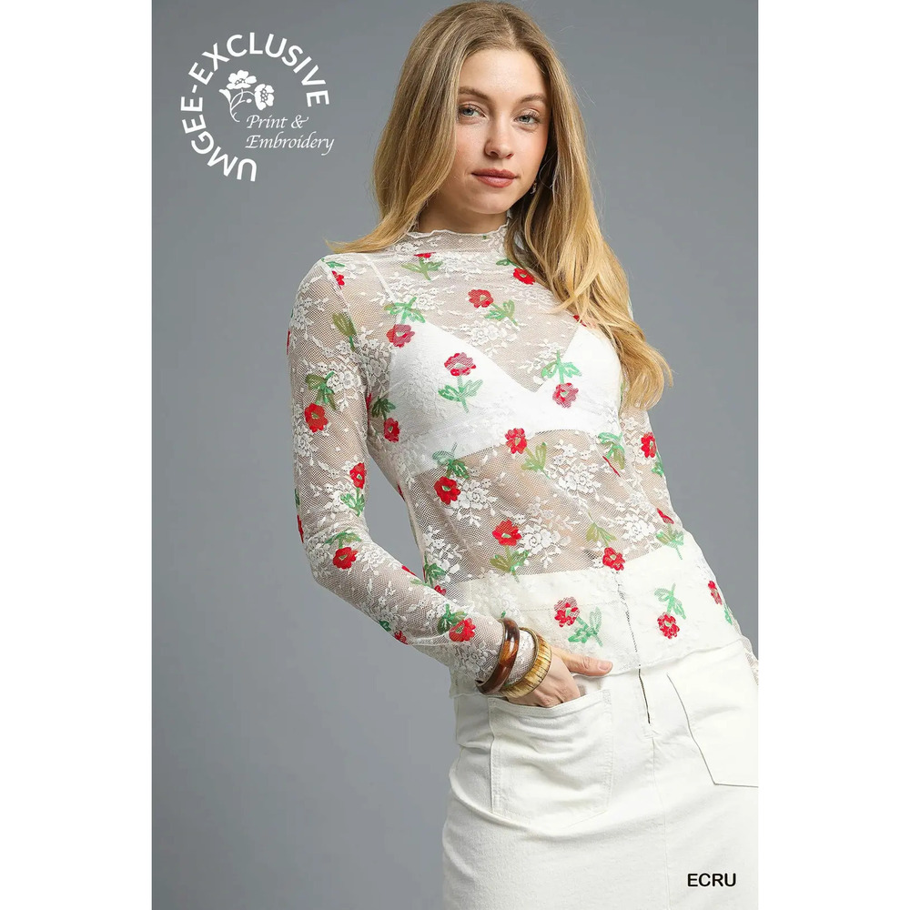 A1759E Umgee Bloom Mesh Floral Lace Top Ecru Various Sizes